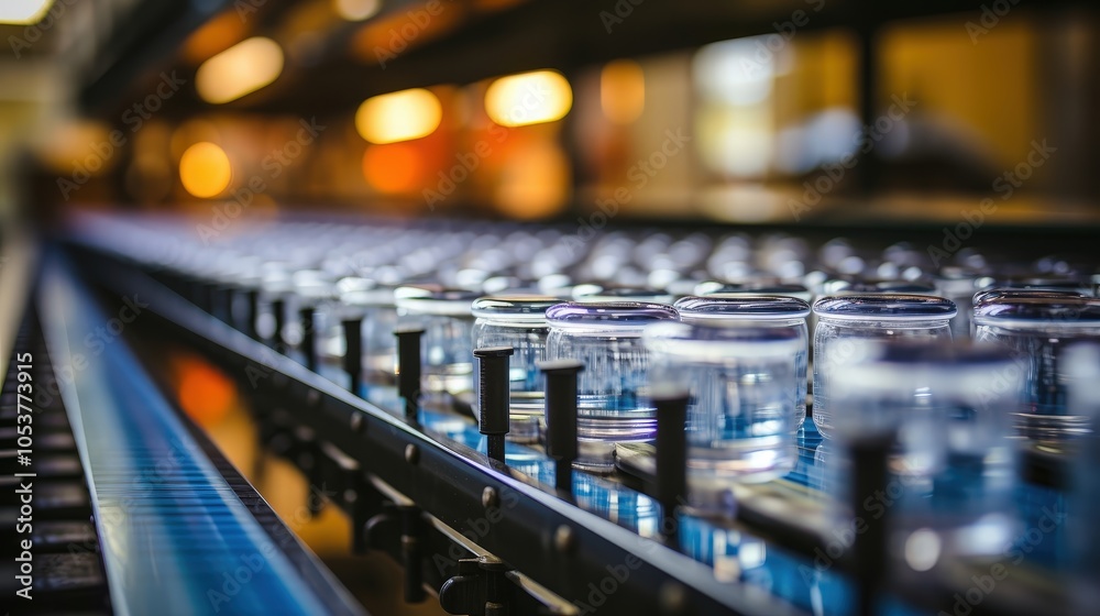 Glass jars moving along a production line, showcasing the efficiency and automation of modern manufacturing. Glass jars moving along a production line, showcasing the efficiency and automation of modern manufacturing.