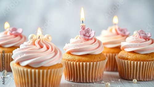 Celebration Cupcakes with Candles and Flowers