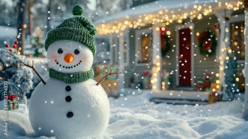 A cheerful snowman with a Santa hat and candy cane, with snow falling and a decorated tree in the background. photo