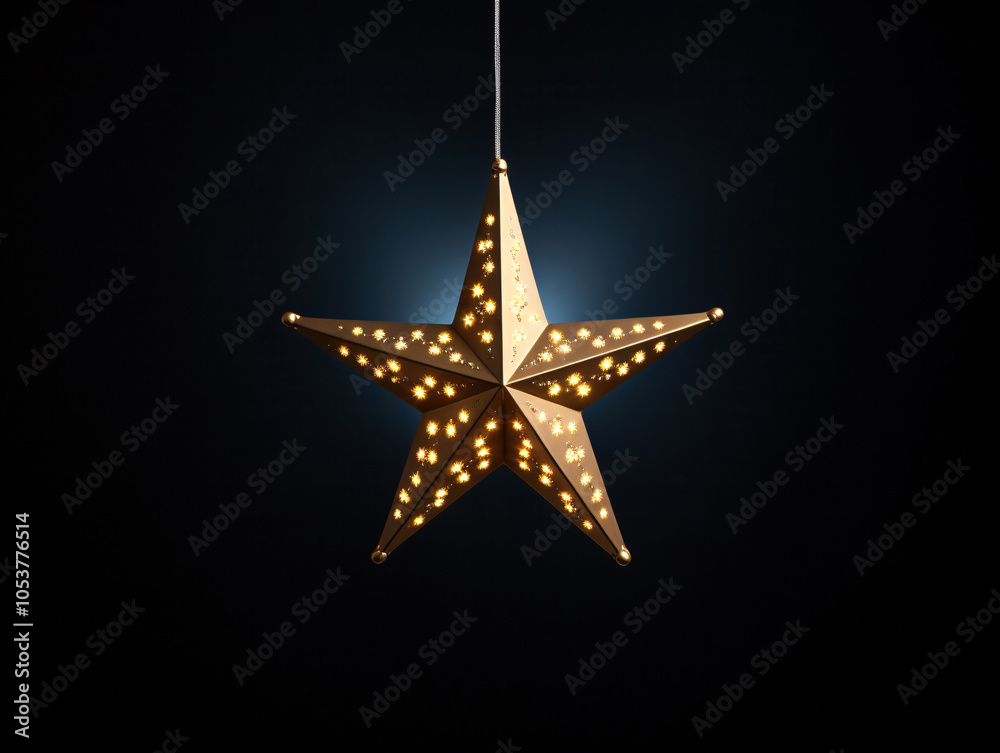 Christmas gold star with glitter hanging in dark background. Christmas decorative symbols. Christmas gold star with glitter hanging in dark background. Christmas decorative symbols.