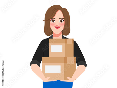 Businesswoman character in suit uniform. Employee people in job. Woman smiling and holding package parcel box isolated on white background, Delivery courier and shipping service concept.