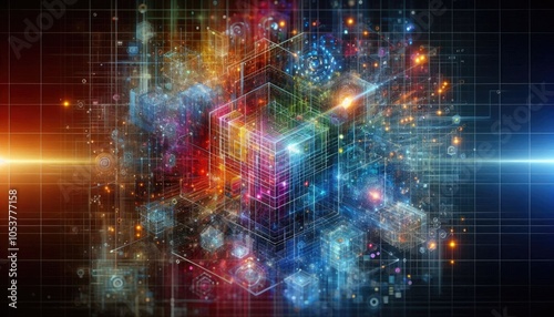 Obraz na płótnie 3D Digital Artwork of Machine Learning with Geometric Grids, Abstract Layers, and Data Clusters, Emphasizing AI Algorithms and Intelligent Computing w salonie