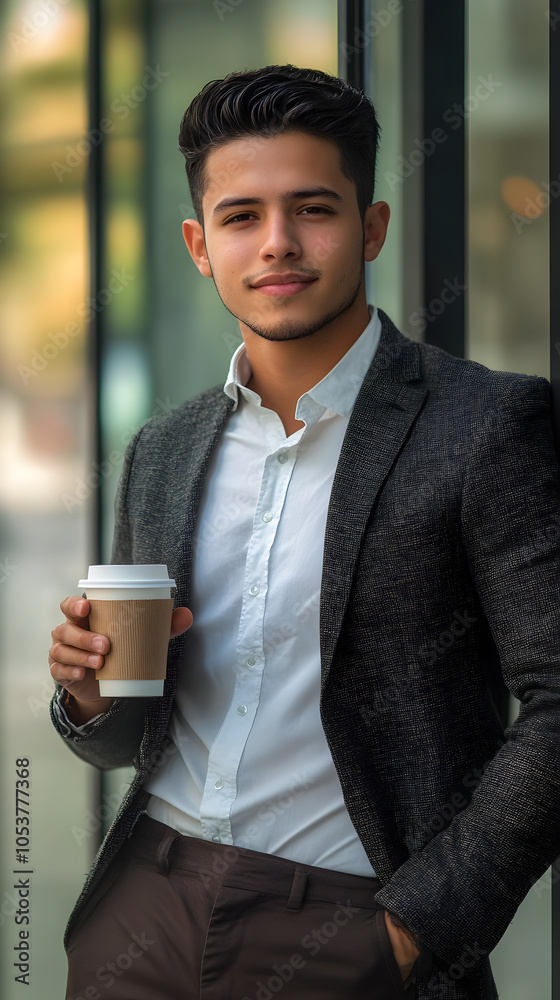 A young hispanic businessman is holding a coffee cup, dressed in a smart casual outfit, standing confidently against a glass backdrop A young hispanic businessman is holding a coffee cup, dressed in a smart casual outfit, standing confidently against a glass backdrop