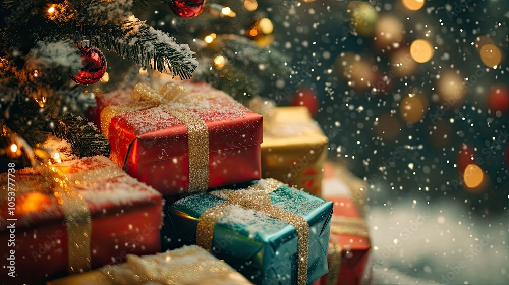 A vibrant selection of green and red wrapped gifts, scattered around a cheerful holiday display.