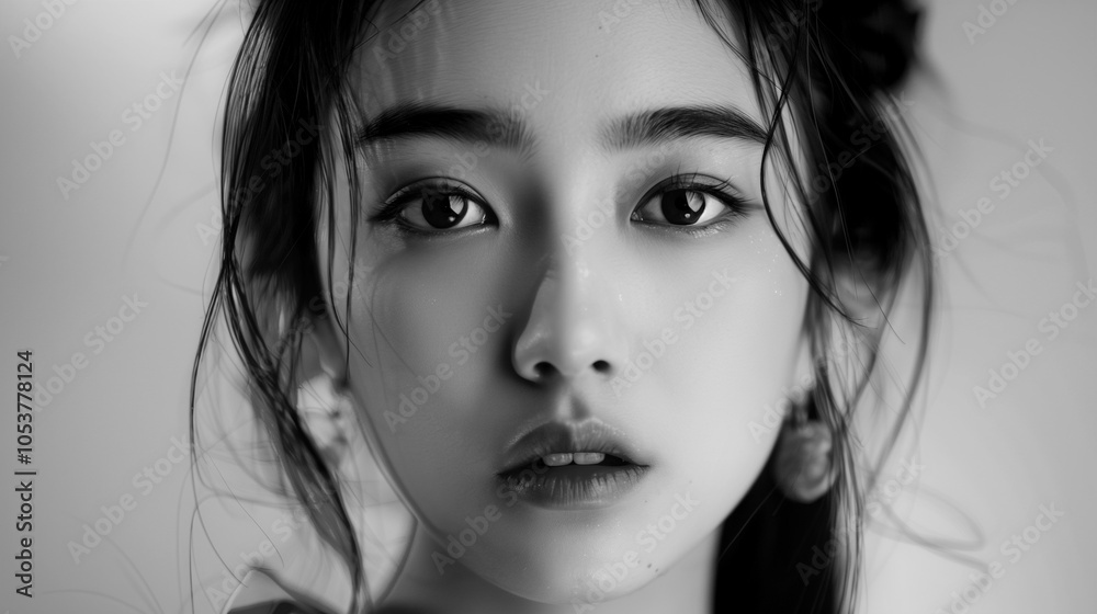 Fototapeta premium black and white portrait of asian woman looking at camera
