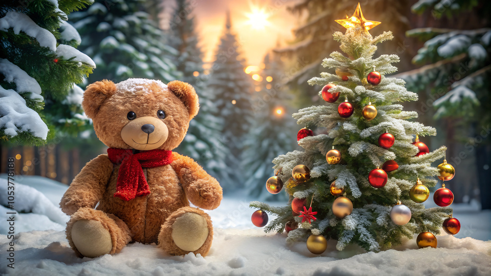 Christmas card - happy teddy bear with gift in winter forest Christmas card - happy teddy bear with gift in winter forest