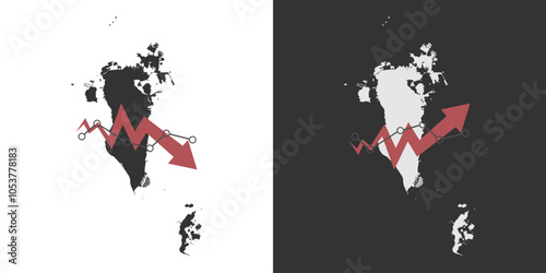 Bahrain map with fall and recovery chart, statistics arrow. Vector illustration.