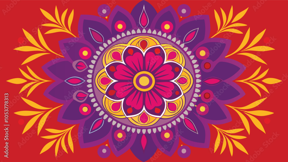 Purple and Red Floral Rangoli Pattern for Festive Decoration Purple and Red Floral Rangoli Pattern for Festive Decoration
