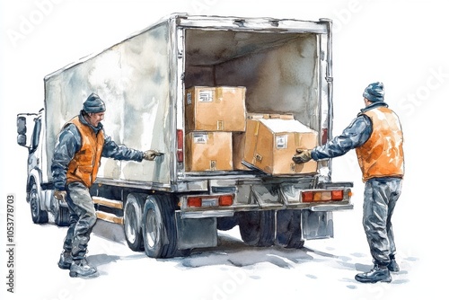 Colorful Watercolor Illustration of Workers Unloading Boxes for Delivery Logistics | Isolated on White Background