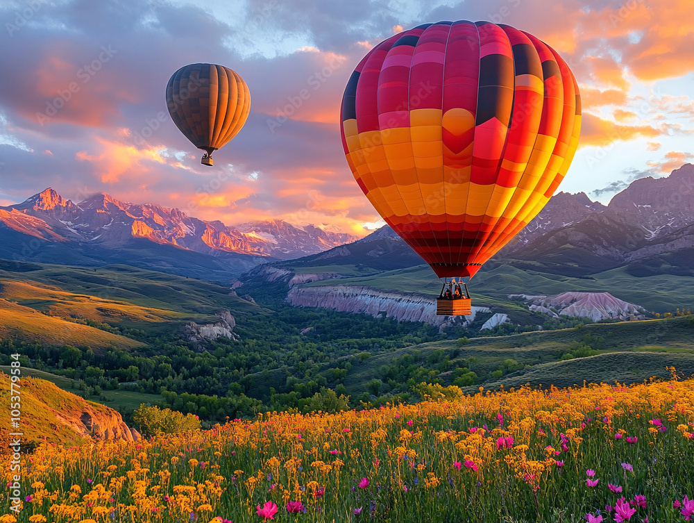 Fototapeta premium a hot air balloon floating over a picturesque village nestled in the mountains.