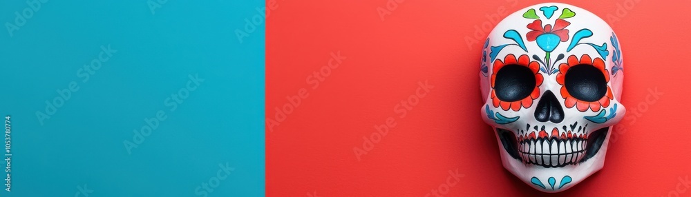 Naklejka premium A vibrant, decorated skull rests against a colorful background, highlighting artistic detail and cultural symbolism.