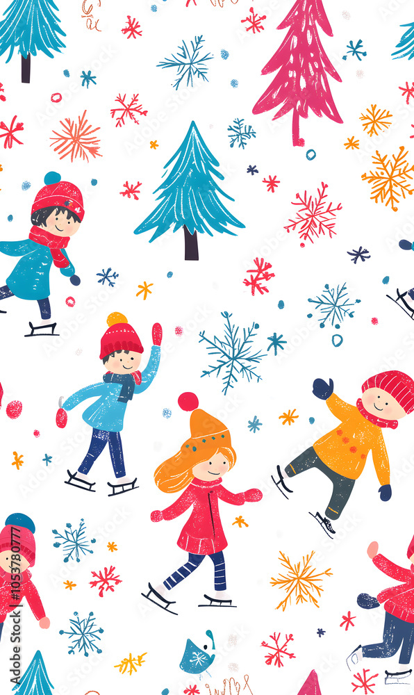 Fototapeta premium Seamless Pattern Whimsical Christmas and New Year Doodles Featuring Festive Icons, Cozy Winter Scenes, and Seasonal Decorations in Vibrant Colors