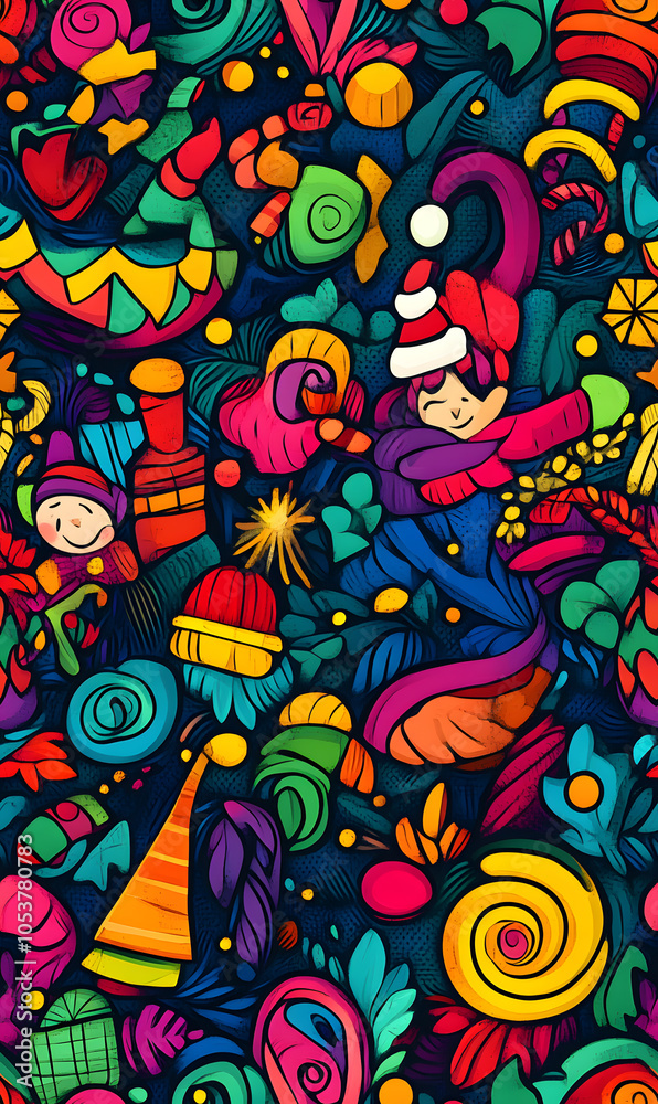 Obraz premium Seamless Pattern Whimsical Christmas and New Year Doodles Featuring Festive Icons, Cozy Winter Scenes, and Seasonal Decorations in Vibrant Colors