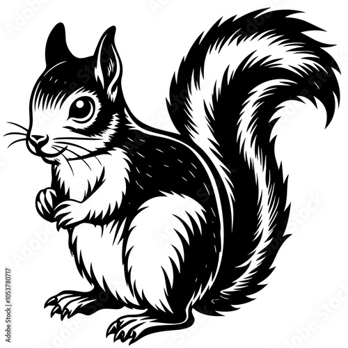 Detailed black and white illustration of a standing squirrel with a bushy tail
