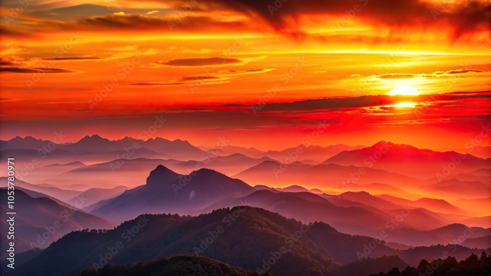 Obraz premium Red orange sunset casting a warm glow over the mountains with heat distortion effect