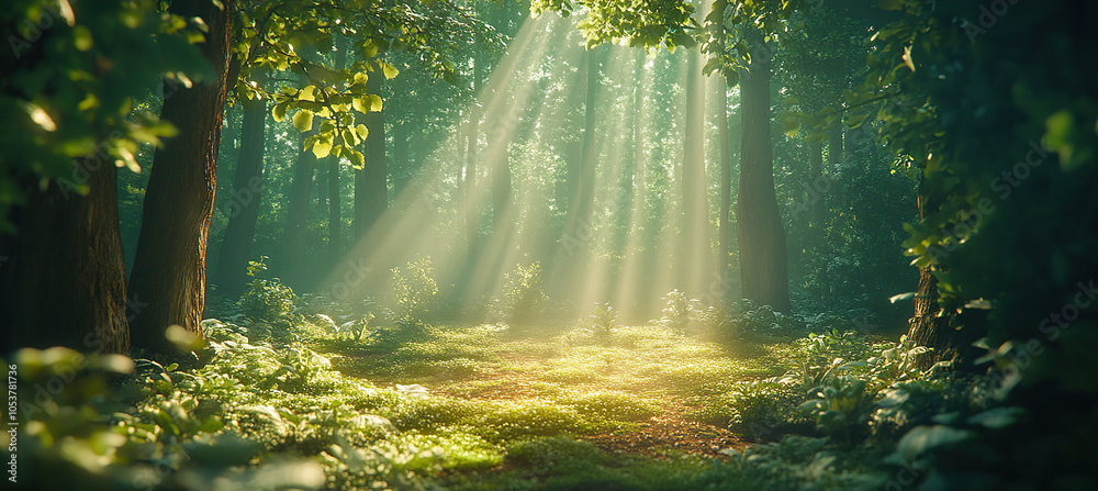 Serene Woodland Scene Illuminated by Sunbeams Serene Woodland Scene Illuminated by Sunbeams