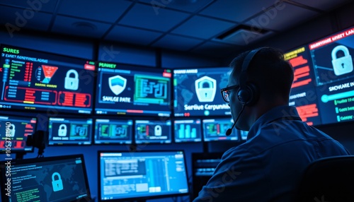 Cybersecurity Expert Monitoring Multiple Screens in Dark Room
