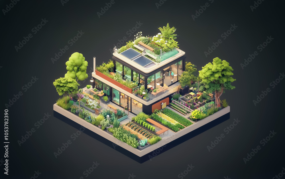 Isometric illustration of a rooftop garden on a high-rise building with ...