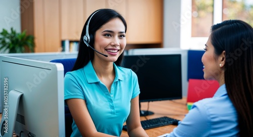 Filipino tech support assisting customer friendly smile headset and polo shirt office cubicle with computer early twenties female