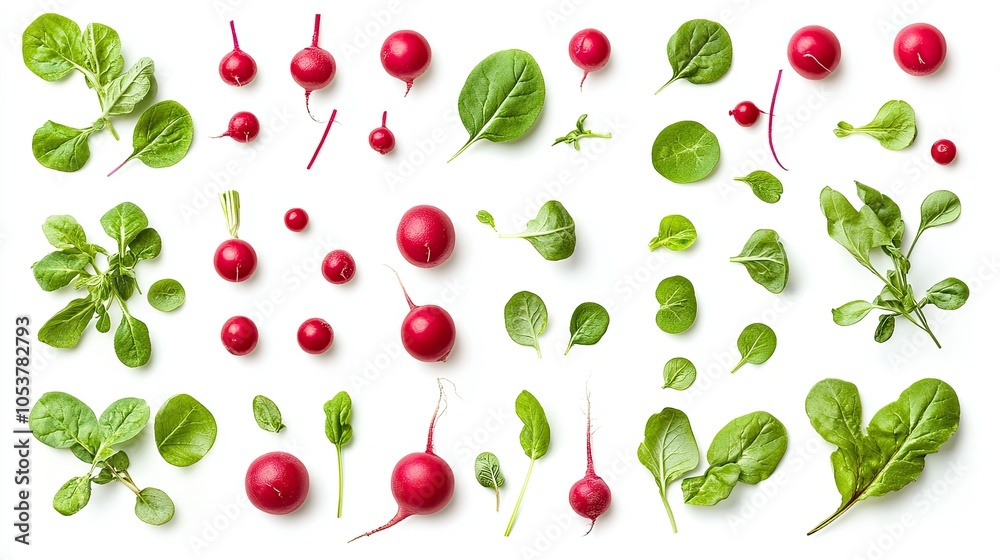 Radishes arranged in various layouts, isolated on bright white Radishes arranged in various layouts, isolated on bright white