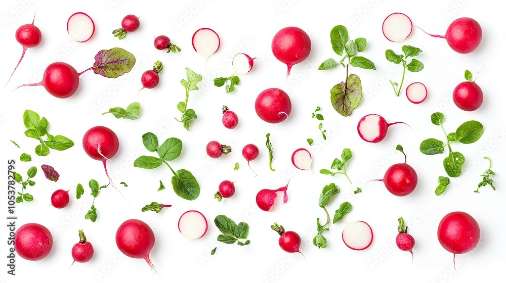 Radishes arranged in various layouts, isolated on bright white Radishes arranged in various layouts, isolated on bright white