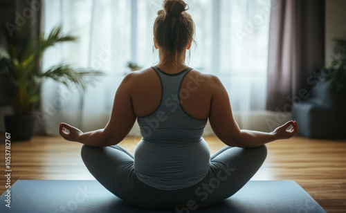 A young overweight girl does yoga at home on a mat. Sit in the lotus position back view. Meditation and a healthy lifestyle