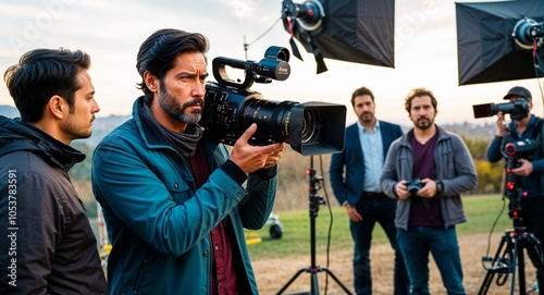 Latin filmmaker holding camera intense look casual jacket outdoor set with lighting crew early forties male