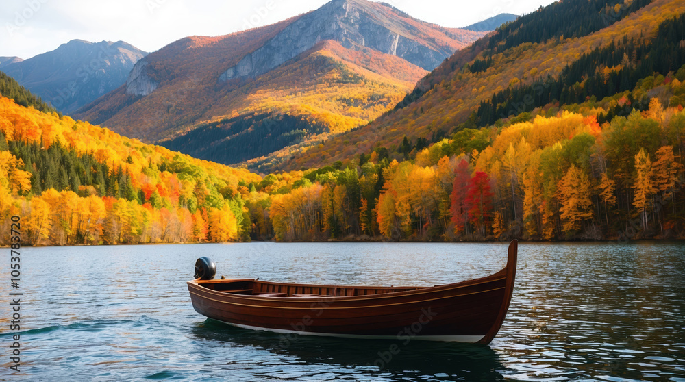 Obraz premium Scenic wooden boat floating on clear lake surrounded by vibrant autumn foliage and majestic mountains, evoking tranquility and nature's beauty.
