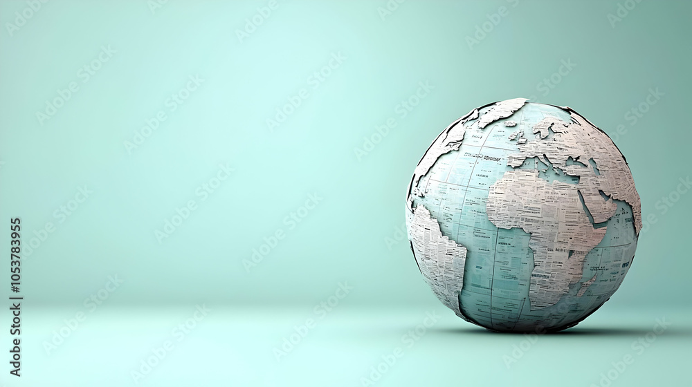 3D Render of a Globe Constructed From Newspaper Text, Sitting on a Light Blue Background 3D Render of a Globe Constructed From Newspaper Text, Sitting on a Light Blue Background