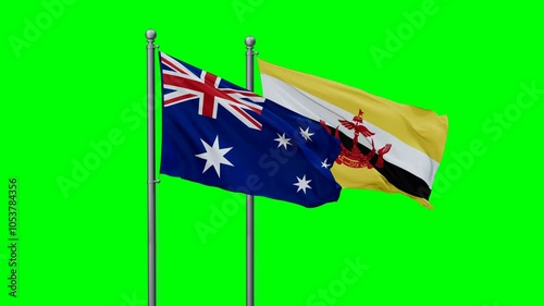 Australia and Brunei flags flying together, video concept of the relationship with colored chroma key for easy background remove