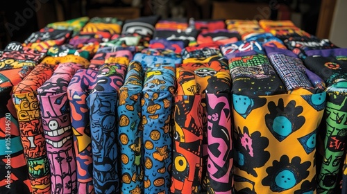 A Colorful Stack of Fabric with Graphic Designs
