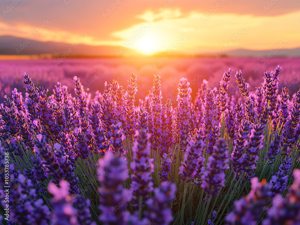 Obraz premium a vibrant field of purple lavender flowers under a beautiful sunset.