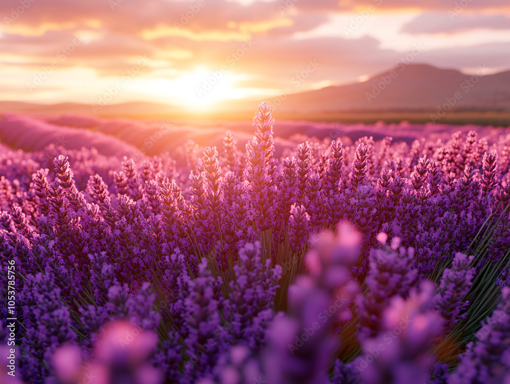 Obraz premium a vibrant field of purple lavender flowers under a beautiful sunset.