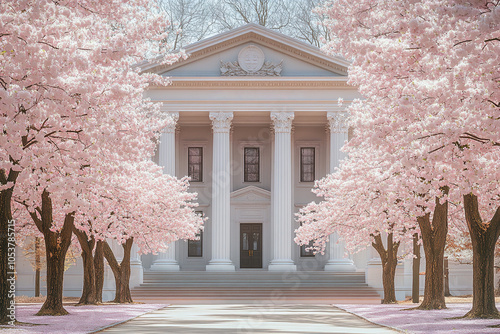 Courthouse framed by blooming cherry blossoms in spring, architectural elegance with blooming cherry trees, iconic scene of springtime and justice.