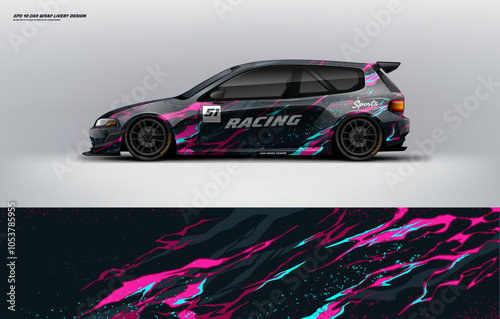 Racing Car branding with racing wrap decal or livery design. Abstract racing graphic simple black pink abstract concept with background. Editable vector templates