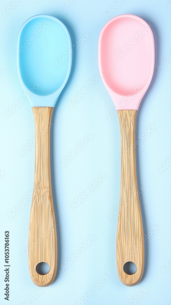 Two colorful kitchen spoons with bamboo handles, one blue and one pink. Two colorful kitchen spoons with bamboo handles, one blue and one pink.