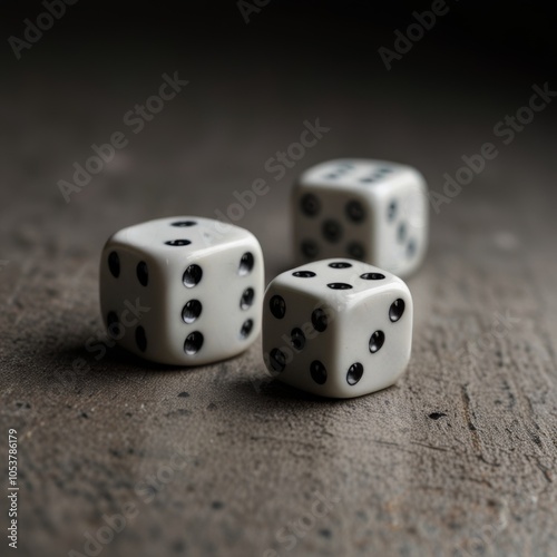 Three white dice with different numbers on light background 