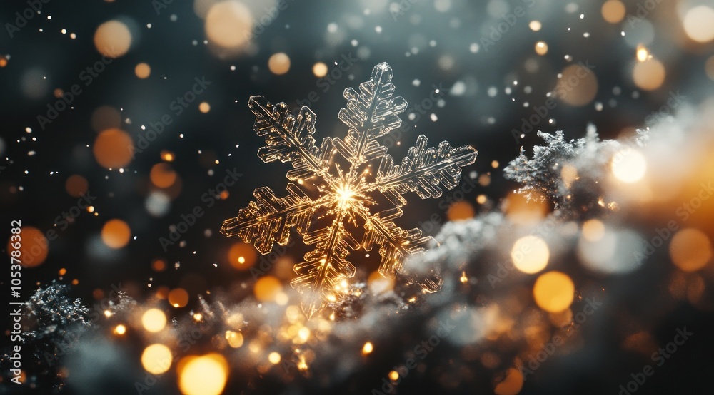 Fototapeta premium Intricate snowflake sparkling on cozy winter night scene