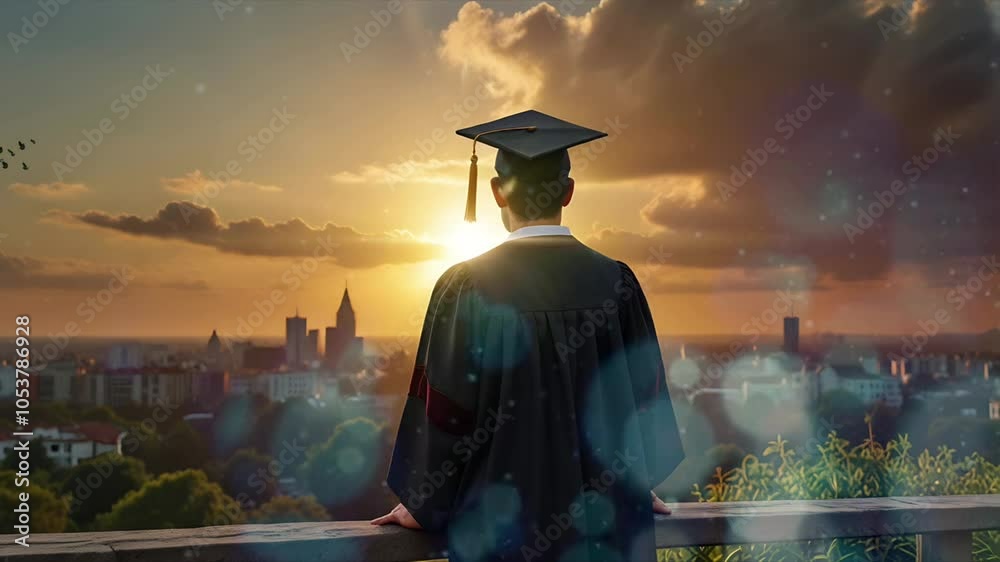 A young man finishes his graduation while looking at the sunset. The concept of success and pride. Seamless 4K looping timelapse video animation background A young man finishes his graduation while looking at the sunset. The concept of success and pride. Seamless 4K looping timelapse video animation background