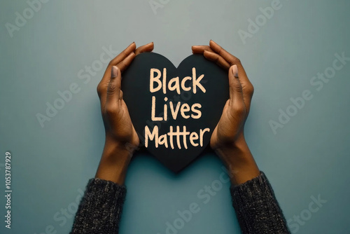 Person holding black heart with "Black Lives Matter" written on it, symbolizing support for the movement advocating against racial injustice and inequality.