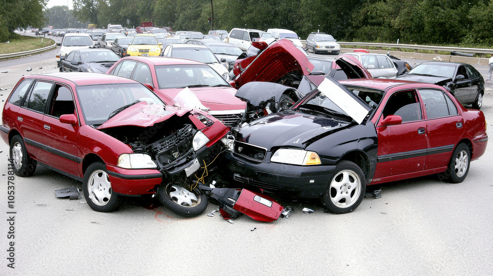multi car pile up on highway showcases aftermath of chaotic accident, with damaged vehicles and debris scattered across road, evoking sense of urgency and concern
