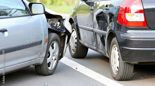 multi vehicle accident occurred in busy city, showcasing two damaged cars on road. scene captures aftermath of collision, highlighting impact and chaos of urban driving