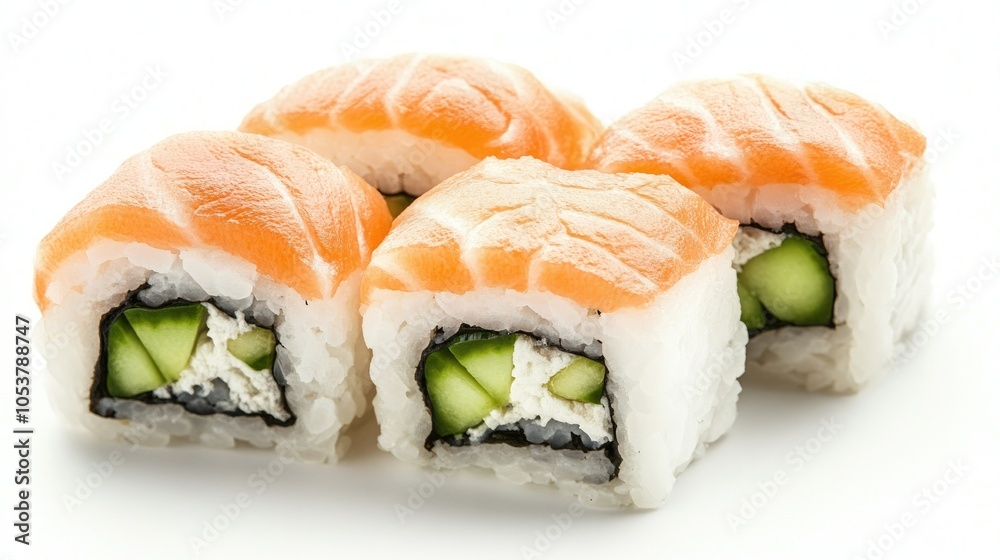 Salmon sushi roll with cucumber, isolated against a white background. Salmon sushi roll with cucumber, isolated against a white background.