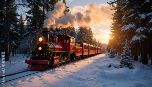 Santa Claus train with joyful mood traveling through winter forest at sunset