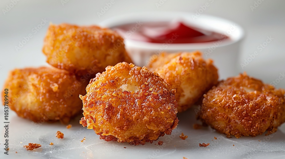 Golden brown, crispy fried cheese balls with a side of ketchup on a white surface.