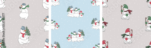 Seamless patterns of outlines cheerful christmas snowmen, vector backgrounds, wallpaper, paper, wrapping