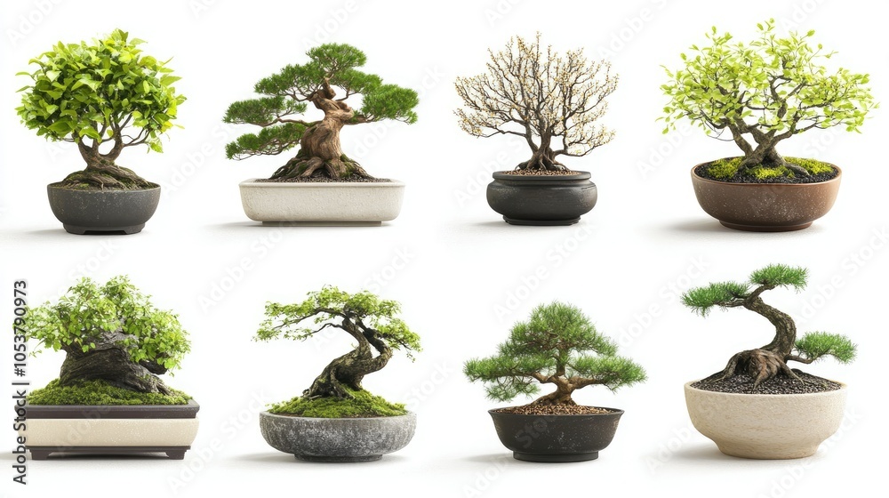Set of bonsai plants in different vase styles, isolated on white background. Set of bonsai plants in different vase styles, isolated on white background.