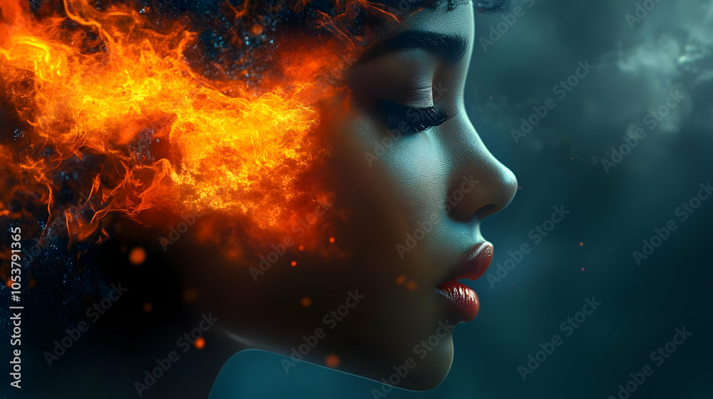Digital Art Illustration of a Woman's Profile with Fire Burning Through Her Head and a Dark Blue Background