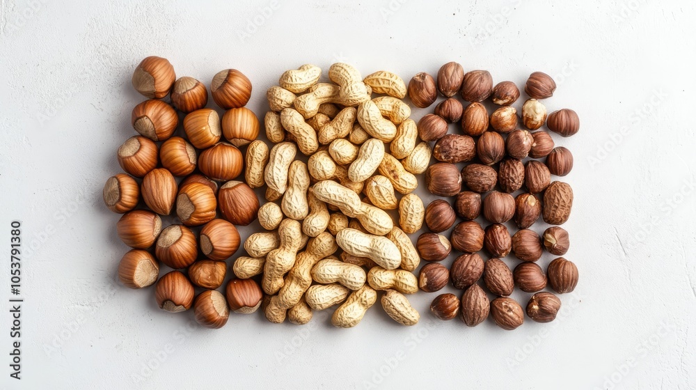 Fototapeta premium Fresh raw hazelnuts peanuts and walnuts displayed from a top view on a white surface
