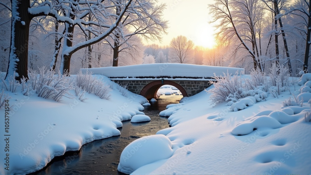 Winter landscape with snow-covered trees and a bridge over a river at sunrise, serene and picturesque. Generative, AI, Winter landscape with snow-covered trees and a bridge over a river at sunrise, serene and picturesque. Generative, AI,